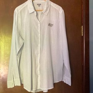 American eagle embroidered gray and white striped, sheer button-down top